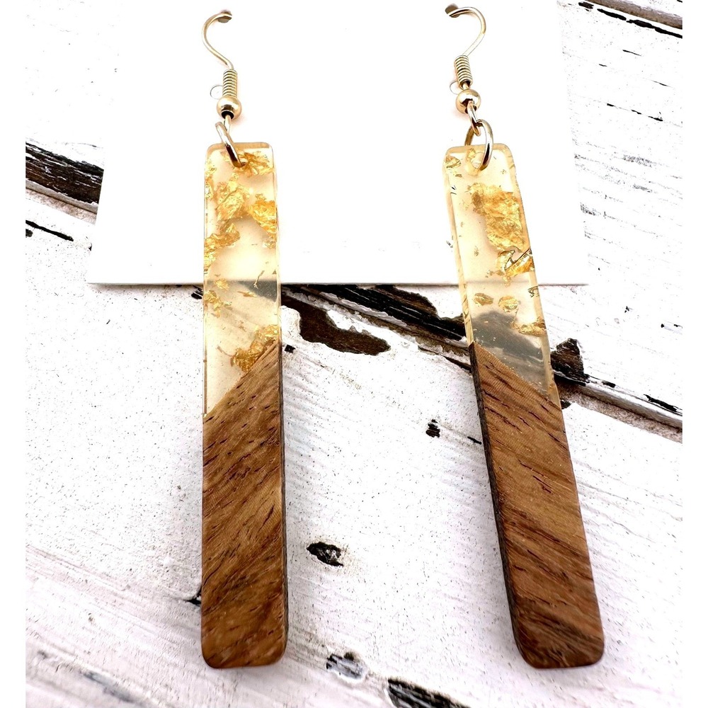 Acrylic Bar Earrings Wood Grain with Gold Leaf Boho NEW